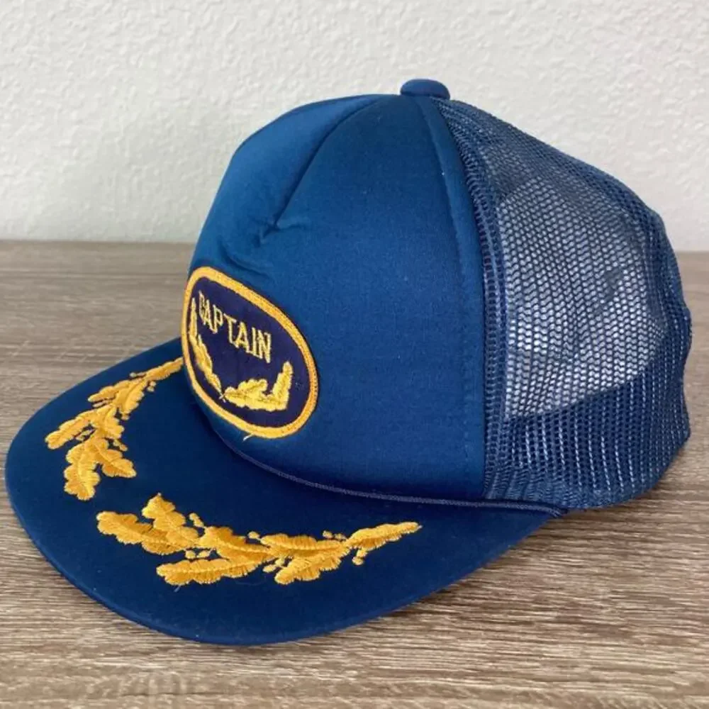 Vintage‎ Blue Captain Snapback Hat Unisex Adjustable Nautical 80s Style